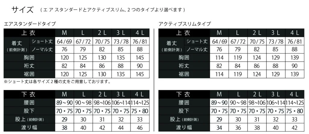 スプラウドフロー防火衣 エアスタンダード・アクティブスリム 上衣・下衣サイズ表
