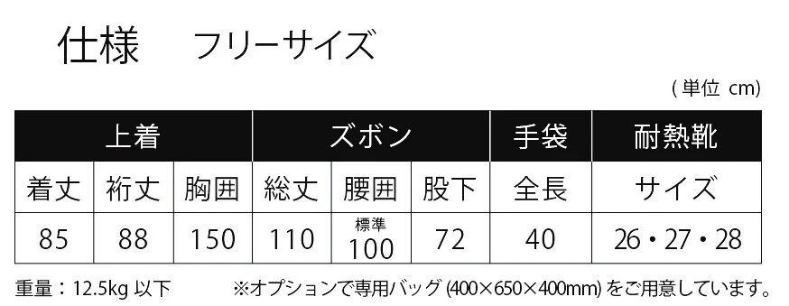 放射能防護耐熱服 RI-300 サイズ表